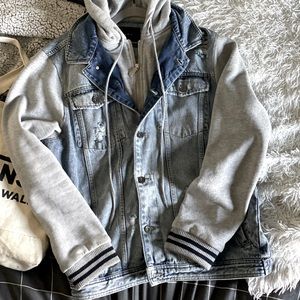 Zara Distressed Hooded Sweatshirt Denim Jacket